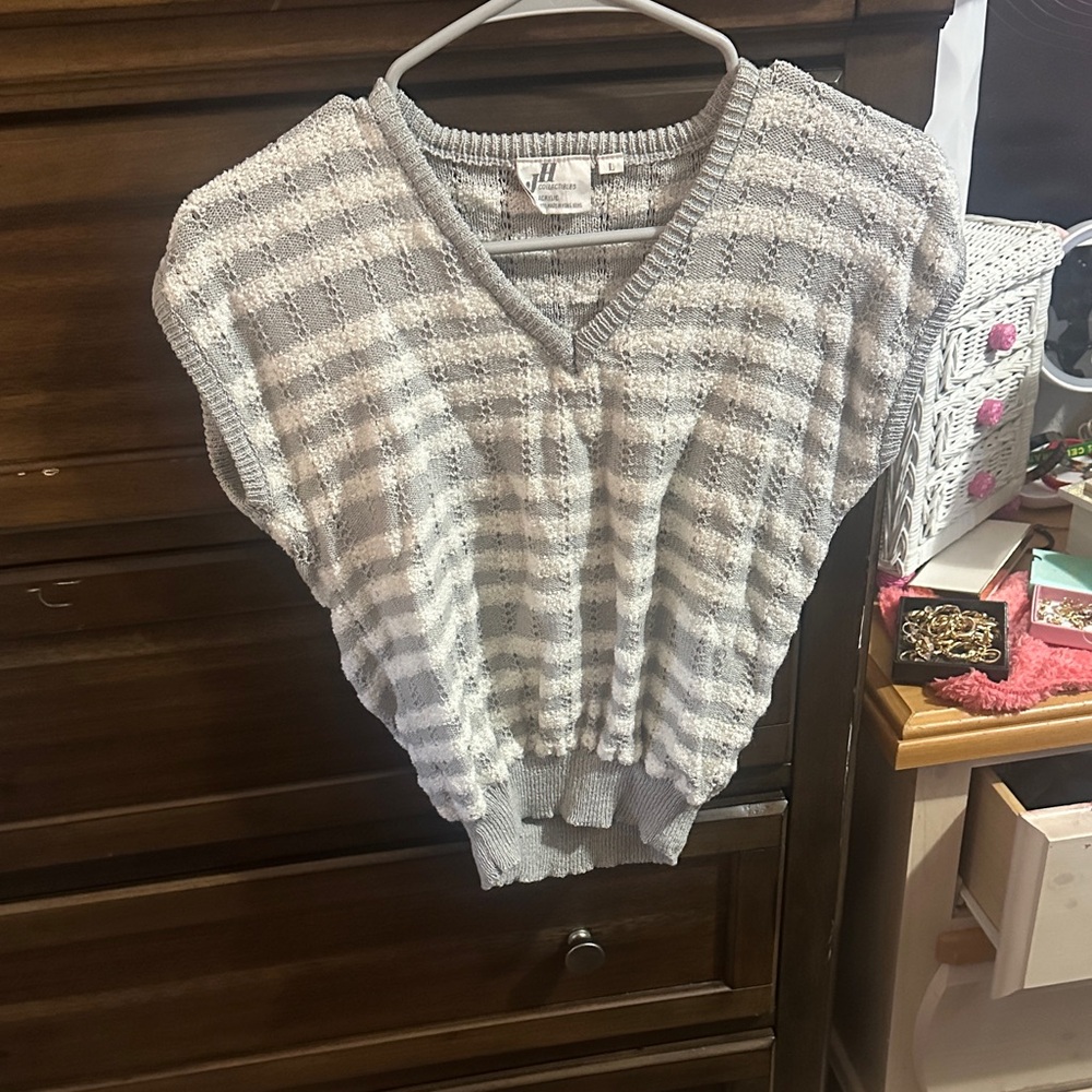 Light Gray and White V-Neck Sweater